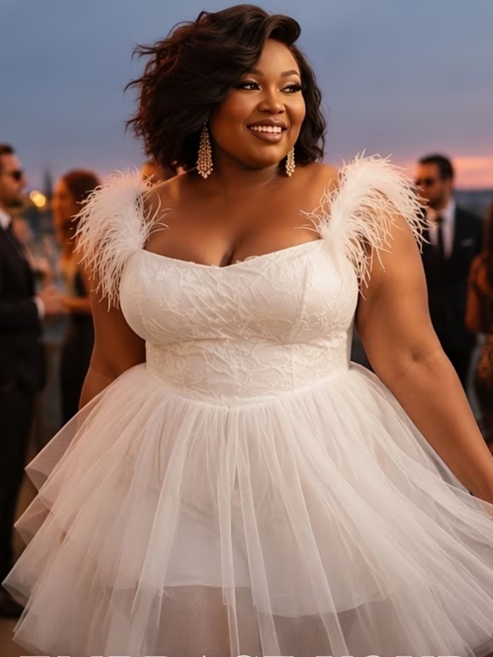 Elegant Cute Fun White Feather-Trim Tulle Dress Plus Size And Beautiful ❤️😍